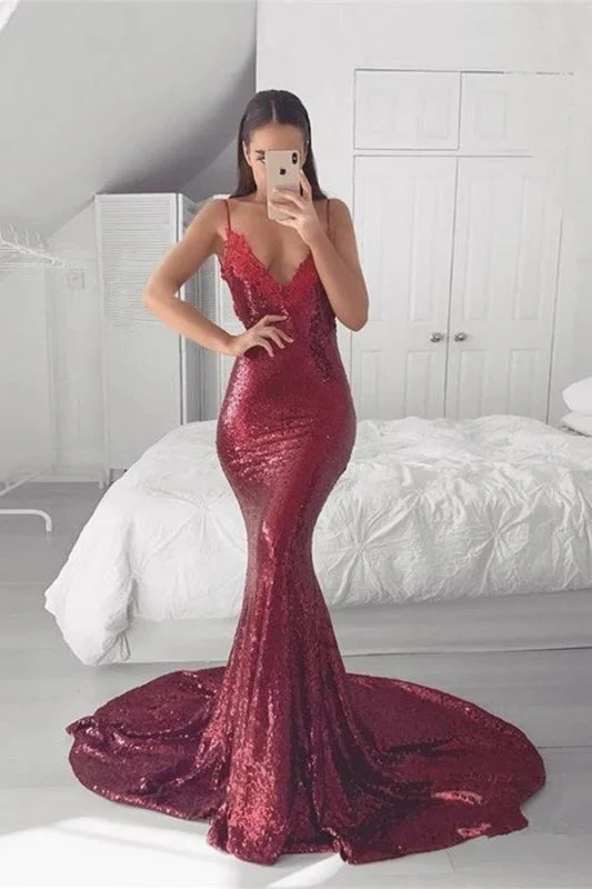 ruched evening dress-Sequin Mermaid Prom Dress with Spaghetti Straps