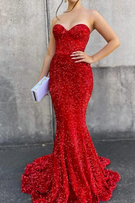 bodycon evening dress-Sequined Mermaid Gown with Sweetheart Neckline