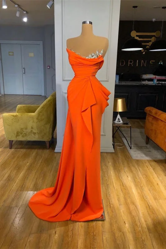 elegant ball gown evening dress-Sequined Orange Mermaid Prom Dress with Strapless Design and Sleeveless Style