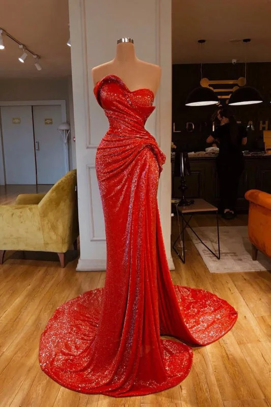 elegant evening attire-Sequined Red Mermaid Prom Dress with Sweetheart Neckline