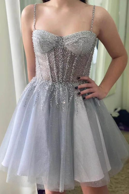 elegant cocktail evening dress-Sequined Silver Gray Sleeveless Tulle Homecoming Dress