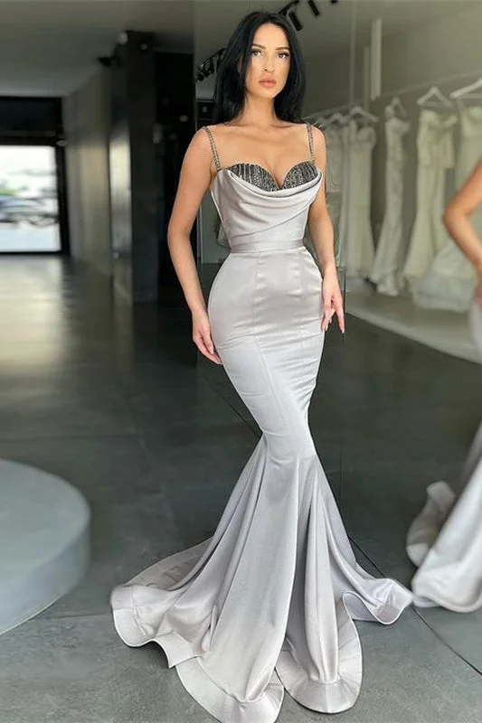 elegant evening dress with train-Sequined Silver Gray Spaghetti-Straps Mermaid Prom Dress