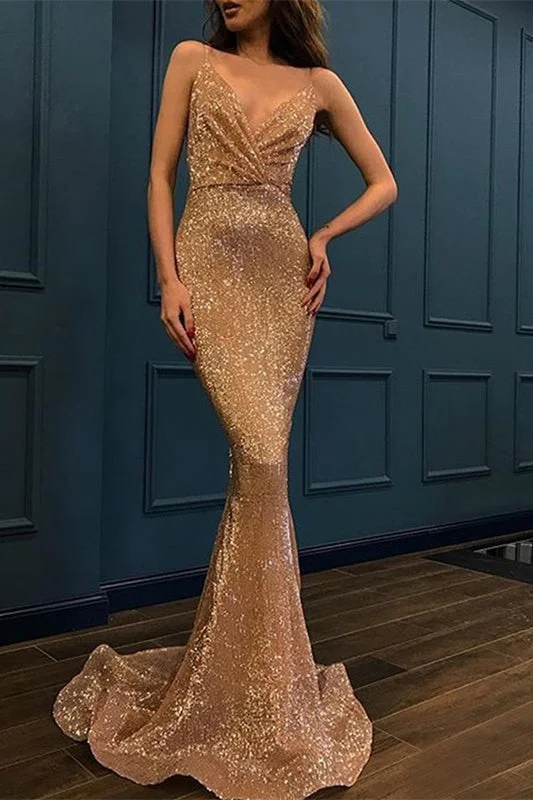 chiffon evening gown-Sequined Spaghetti-Straps V-Neck Sleeveless Mermaid Prom Dress