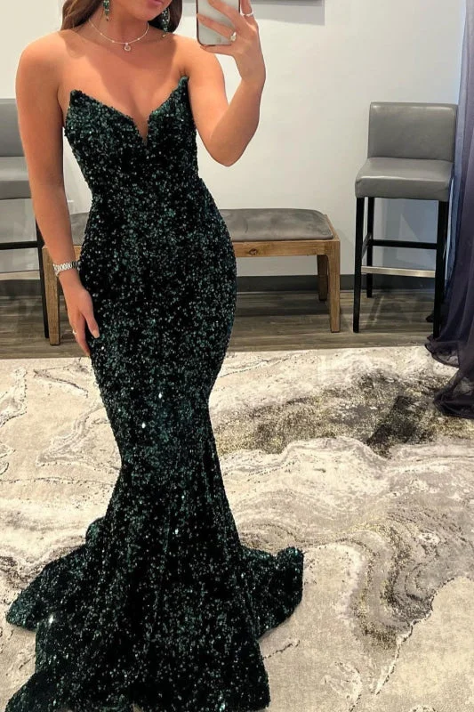 elegant formal black evening dress-Sequined V-Neck Mermaid Prom Gown