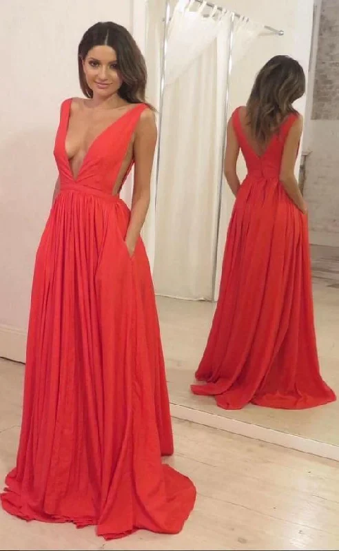 elegant evening gown with beads-Sexy Deep V Neck Long Prom Dresses Evening Gown