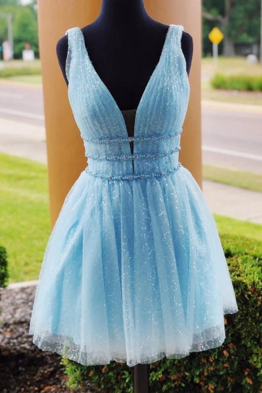 elegant lace overlay evening dress-Shiny Beading Sky Blue Homecoming with Sequins Deep V Neck Graduation Dress