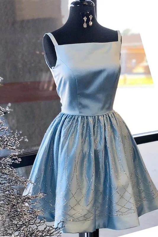 off-the-shoulder evening dress-Shiny Blue Satin Beading Square Neck Sleeveless Homecoming Knee Length Prom Dress