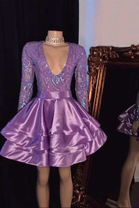 sleeveless tulle evening dress-Short Purple Long Sleeve V-Neck Prom Dress with Appliques