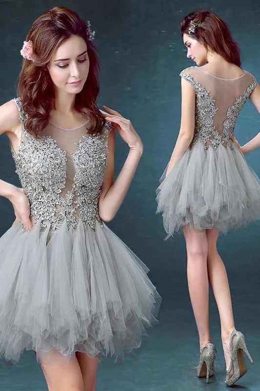 evening dress with beads-Silver Gray Tulle Scoop Unique Junior Homecoming with appliques Graduation Dress