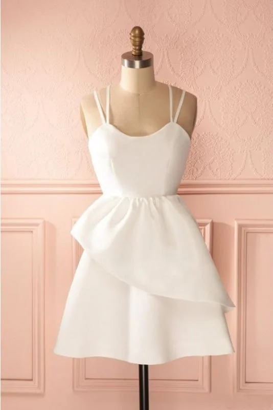 formal evening gown-Simple Ivory Spaghetti Strap Satin Short Prom Dress Cute Mini Homecoming Dresses