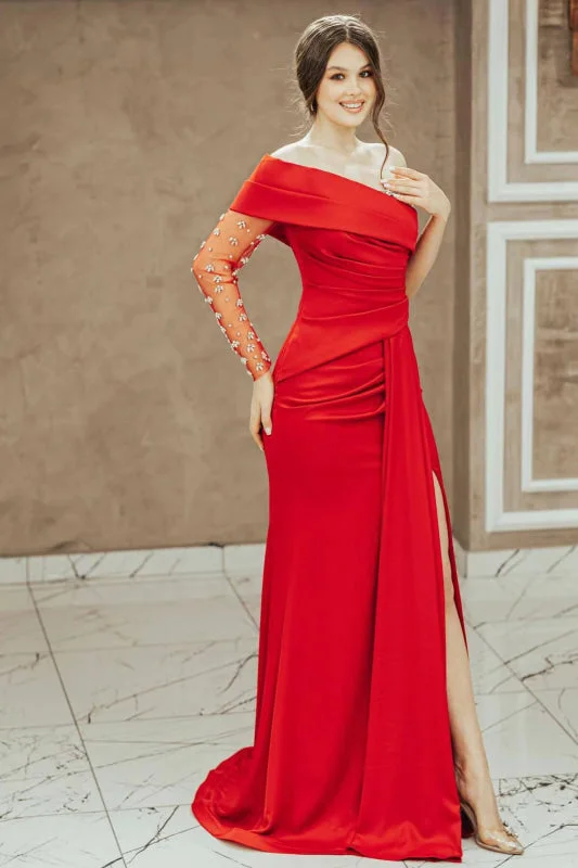 elegant velvet evening gown-Sizzling Scarlet One-Shoulder Mermaid Prom Gown with Dazzling Bead Embellishments