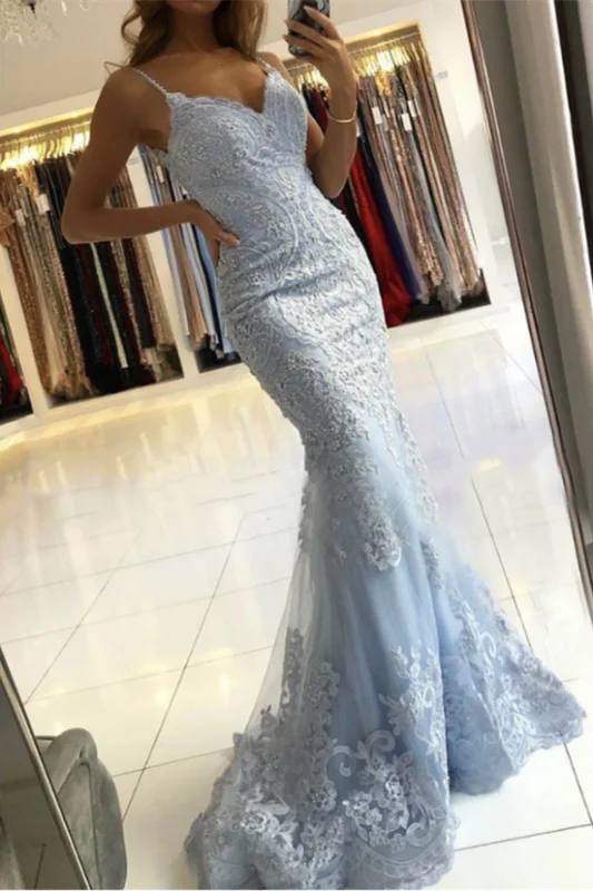 evening dress for black-tie events-Sky Blue Enchanting Mermaid Evening Gown with Spaghetti Straps