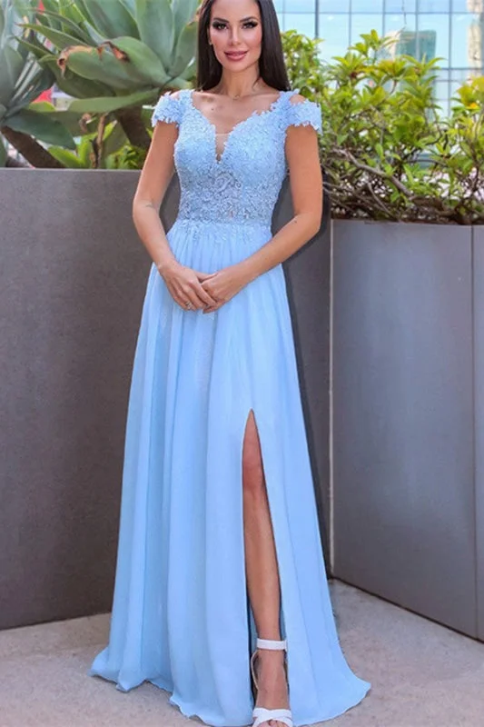 evening dress with appliqués-Sky Blue Long Prom Dress with Cap Sleeves and Slit