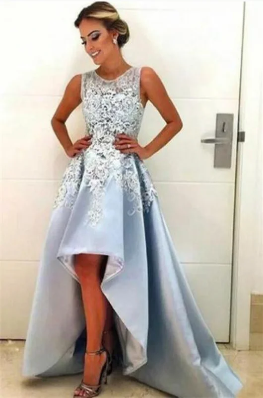 ball gown evening dress-Sky Blue Prom Dresses Hi Low with Lace