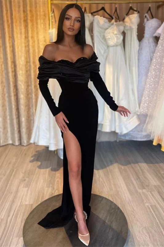 evening dress with feather accents-Sleek Black Mermaid Prom Gown with Elegant Half-Sleeves and Stylish Slit