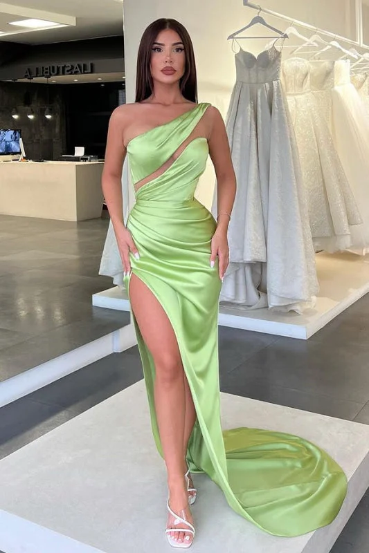 evening dress with lace appliqué-Sleek Light Green One-Shoulder Sleeveless Evening Gown with Long Slit