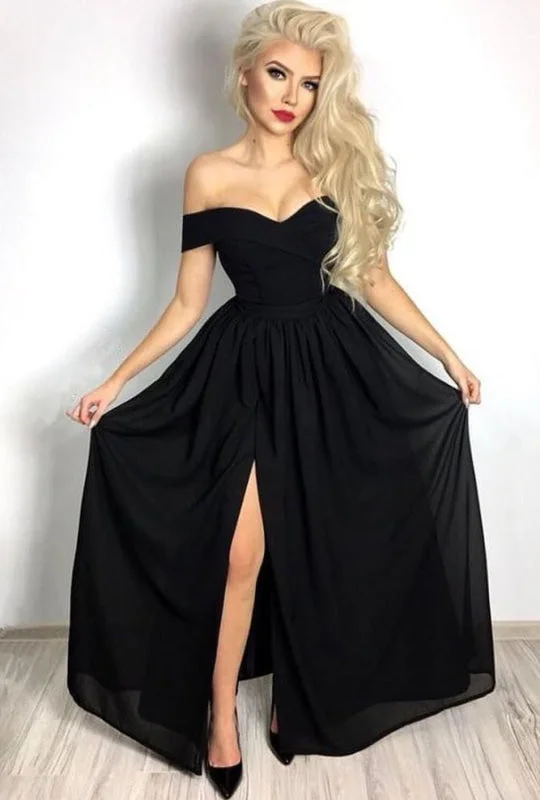 evening dress with shawl-Sleek Midnight Off-the-Shoulder Prom Gown