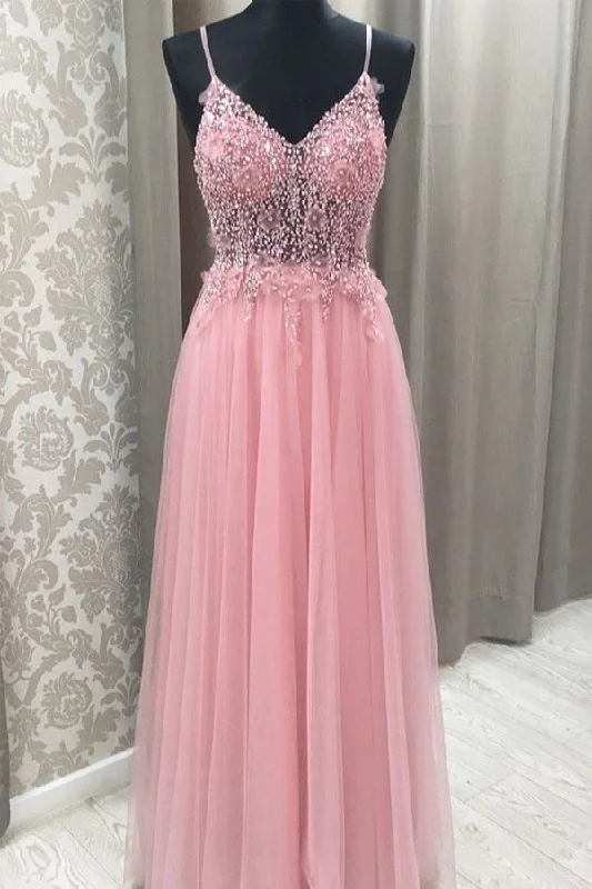 evening dress with ruffles-Spagehtti Straps Long Prom Dresses with Rhinestones