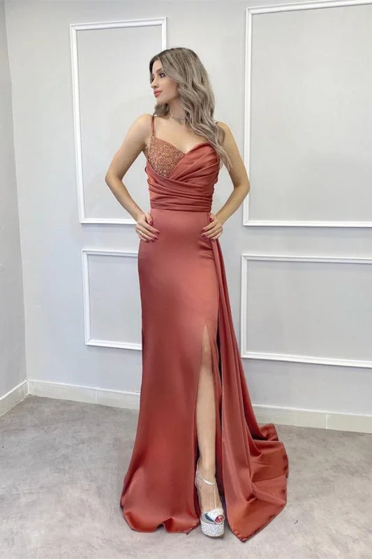 empire waist evening dress-Spaghetti-Strap Beaded Long Mermaid Prom Dress with Split and Ruffles