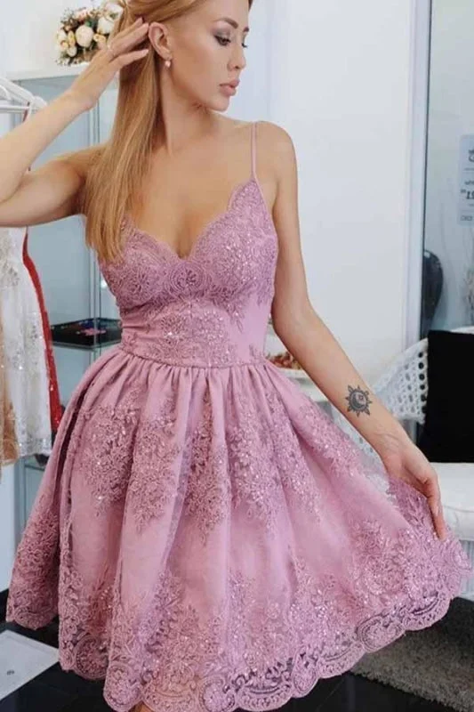 evening dress with ruffles-Spaghetti Strap Short Homecoming Dresses with Lace Appliqes Cute Graduation Dress