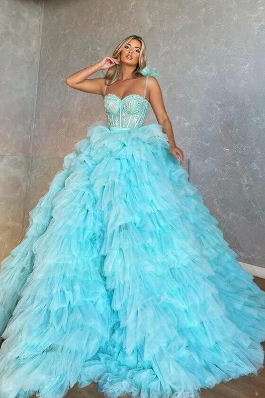 jewel neckline evening dress-Spaghetti-Strap Sweetheart Tulle Ball Gown Prom Dress with Appliques