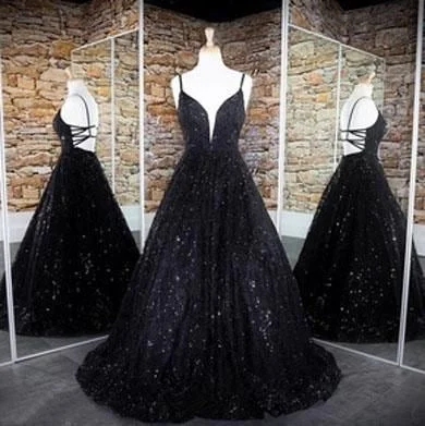 elegant satin evening gown-Spaghetti Straps Black Prom Dresses  Sparkly Gowns