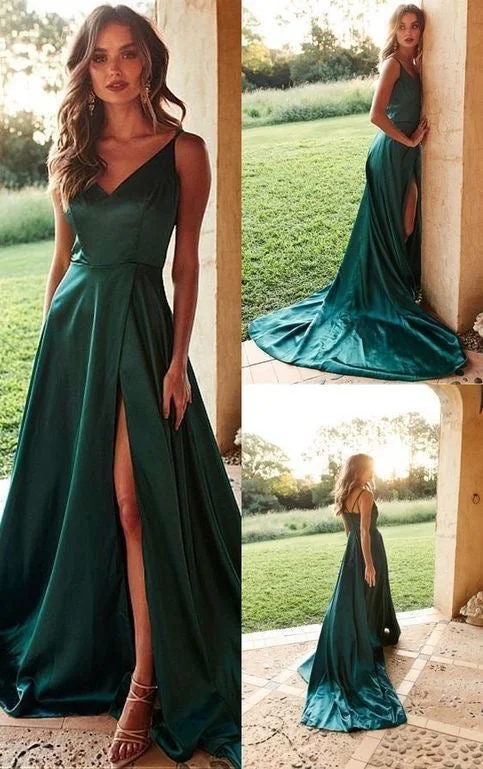 elegant velvet evening gown-Spaghetti Straps Green Slit Side Prom Dresses