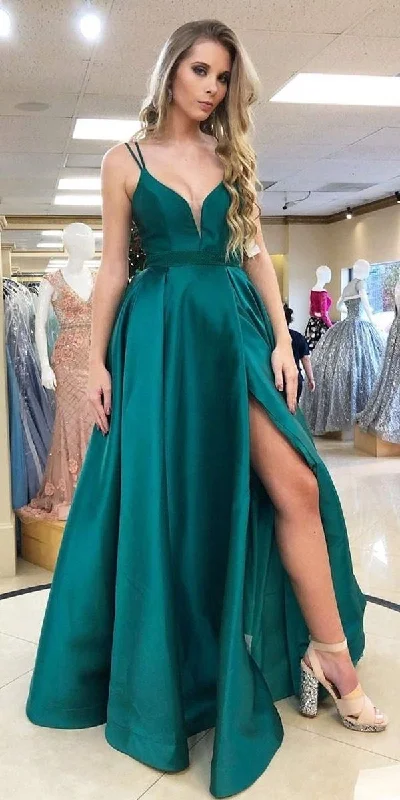 evening dress with appliqués-Spaghetti Straps Green Slit Side Prom Dresses