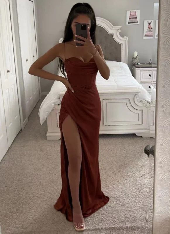 velvet long evening dress-Spaghetti Straps Slit Prom Dresses Sheath