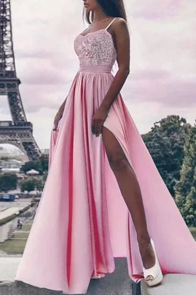 evening dress with crystal embellishments-Spaghetti Straps Slit Side Prom Dresses with Appliques