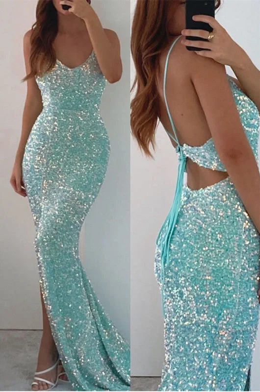 evening gown with sheer overlay-Spaghetti-Straps V-Neck Long Sequined Mermaid Prom Dress with Split