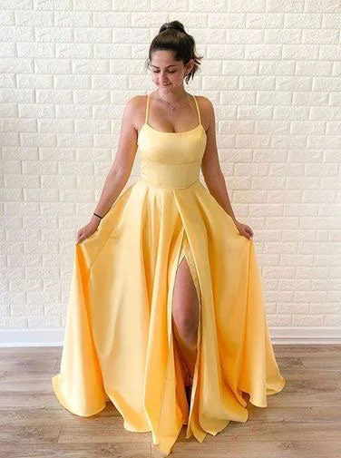 cap sleeve evening dress-Spaghetti Straps Yellow Prom Dresses Under 100