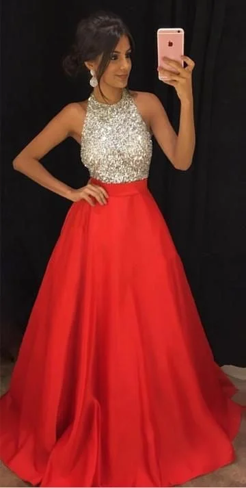 evening dress with plunging neckline-Sparkly Halter Satin Long Prom Dresses