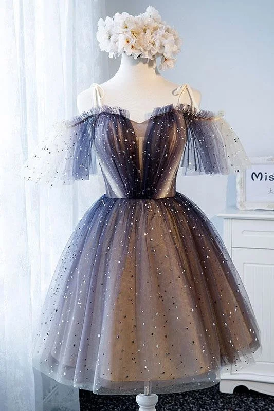 fit and flare evening dress-Sparkly Off the Shoulder Homecoming with Sleeves Unique Tulle Short Dress