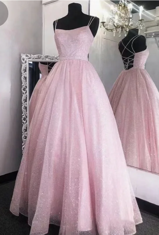 evening dress with sleeves and lace-Sparkly Pink Prom Dresses Criss Cross Back