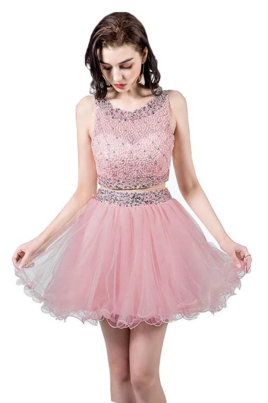 elegant peplum evening dress-Sparkly Two Piece Homecoming Dresses Short Beaded Tulle Prom Gowns with Sequins