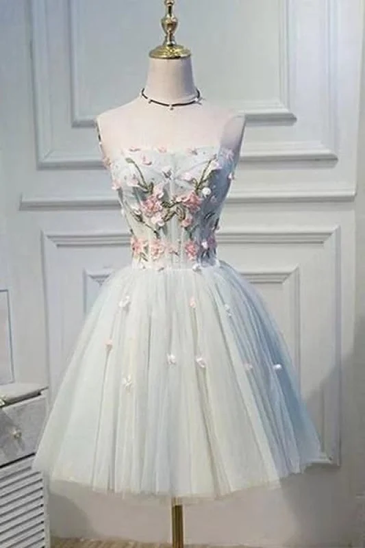 evening dress with fringe-Strapless Homecoming Flower Applique Short Tulle Graduation Dress