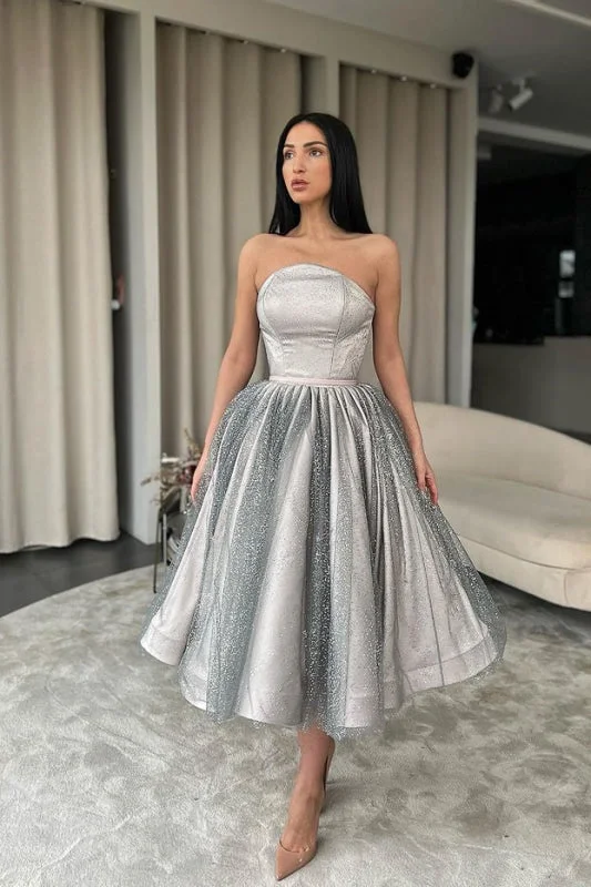 draped evening gown-Strapless Silver A-Line Short Prom Dress With Sequins