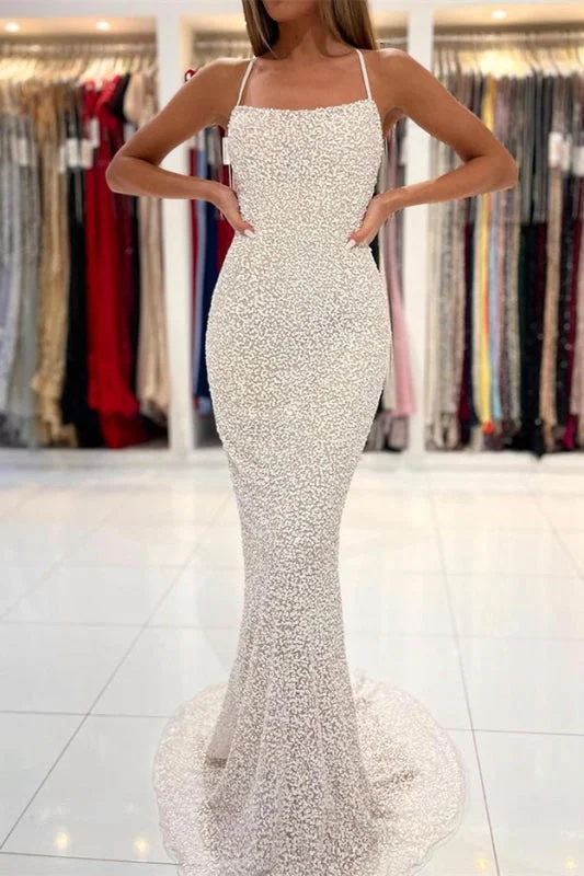 evening dress with pleated skirt-Strapless Spaghetti-Strap Sequined Mermaid Prom Dress with Open Back