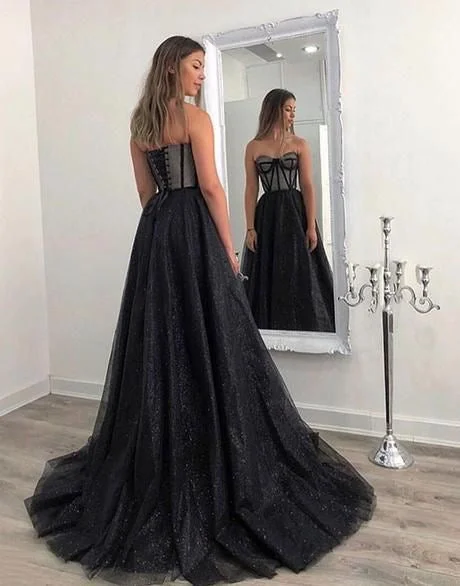 evening dress with blouson top-Strapless Sparkly Black Long Prom Dresses