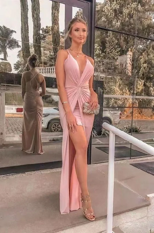 sheer back evening dress-Straps Pink Prom Dresses Criss Cross Back