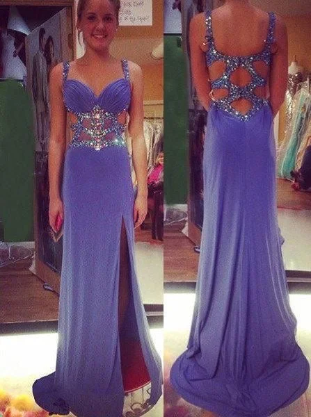 high slit evening dress-Straps Prom Dresses Slit Side with Rhinestones