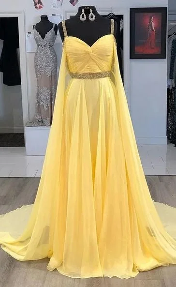 evening gown for formal events-Straps Yellow Long Prom Dresses with Rhinestones