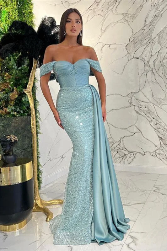 high neck formal evening dress-Stunning Off-the-Shoulder Sweetheart Sequined Mermaid Prom Dress with Ruffle