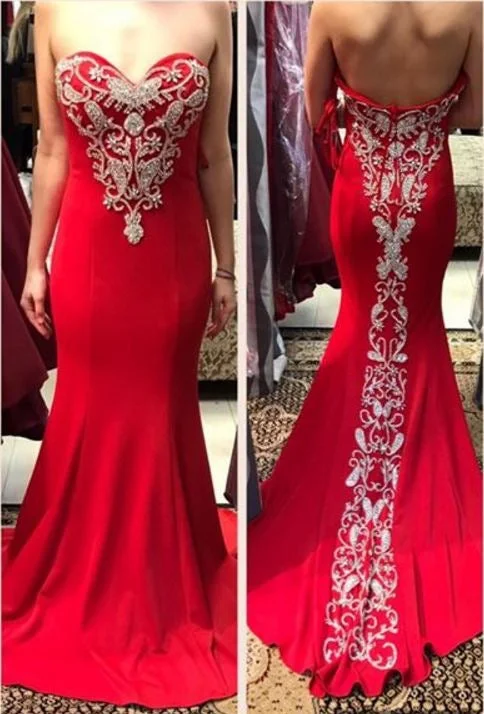 modest evening gown-Sweetheart Sheath Long Prom Dresses with Beaded