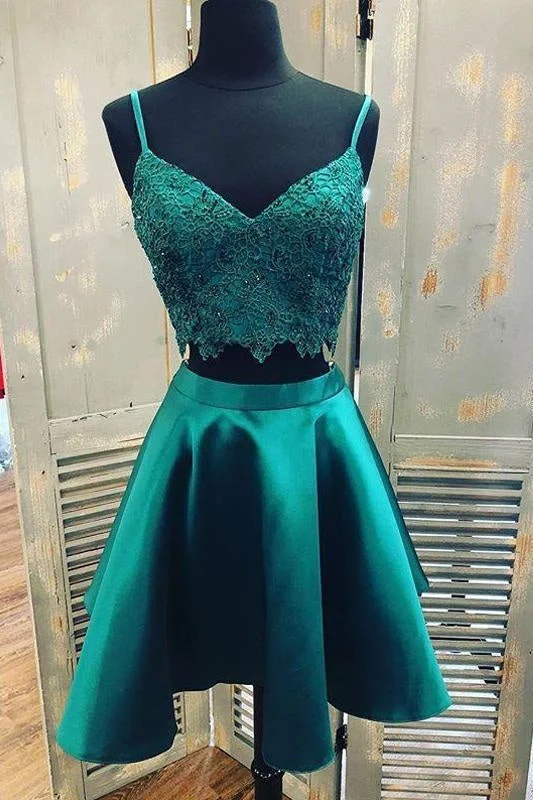 flared evening dress-Teal Two Piece Satin Homecoming Dresses with Lace Spaghetti Strap Graduation Dress