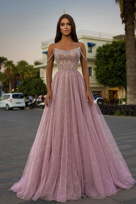 tulle evening gown-Tulle A-Line Long Prom Dress With Sequins Beads