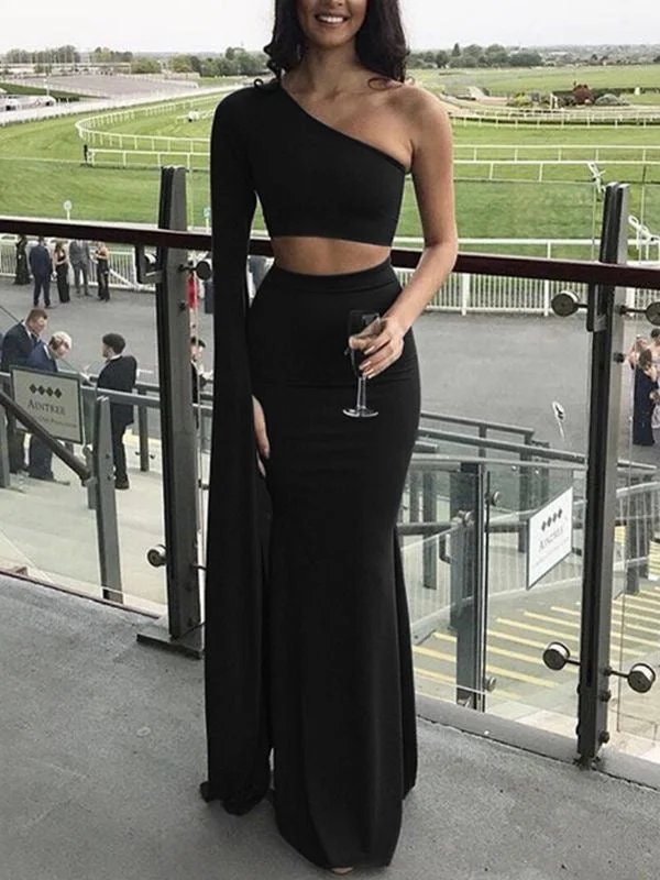 long sleeve evening dress-Two Piece Black Single Length Prom Dresses