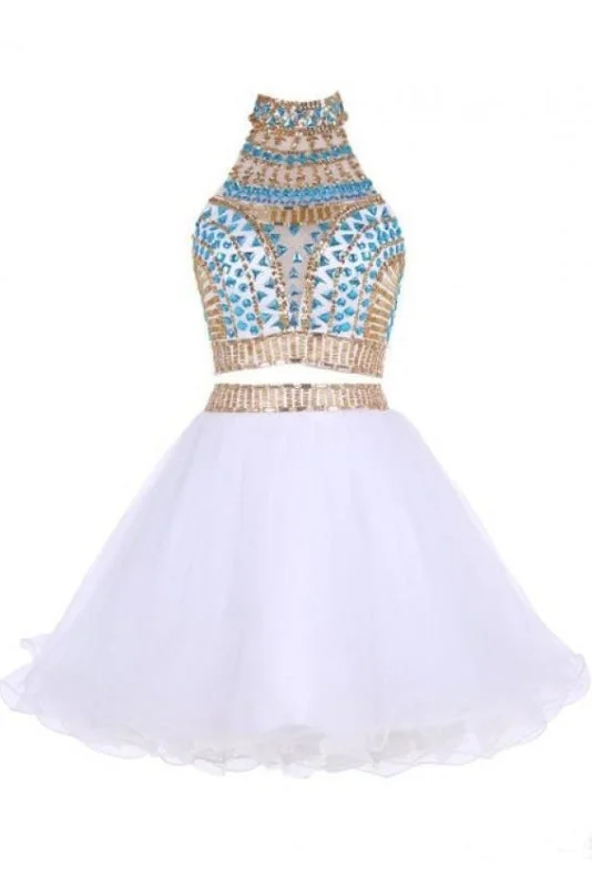 evening dress with bow detail-Two Piece Jewel Tulle Homecoming with Beads White Short Mini Prom Dress