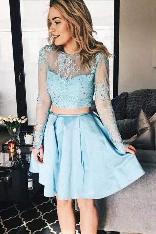 evening dress with floral lace-Two Piece Long Sleeve Light Sky Blue Homecoming Dresses Cute Beaded Short Prom Dress